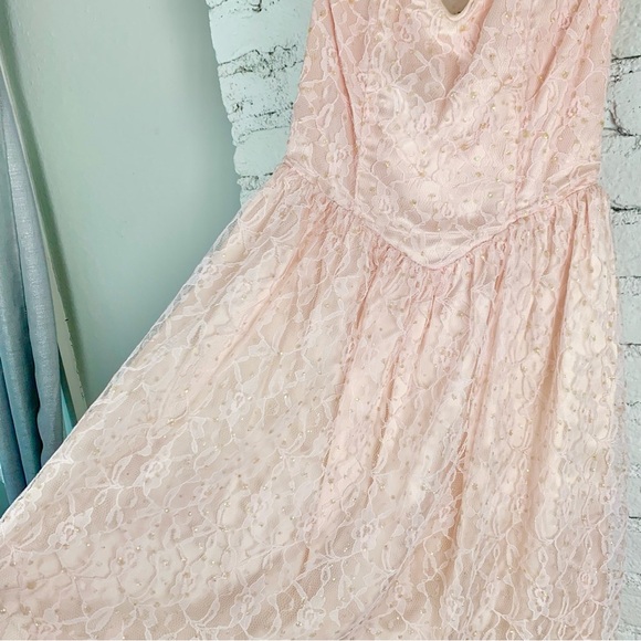 Gunne Sax Jessica McClintock Strapless Pink Glitter Sequin Lace Dress Nylon 7/8 - Picture 4 of 16